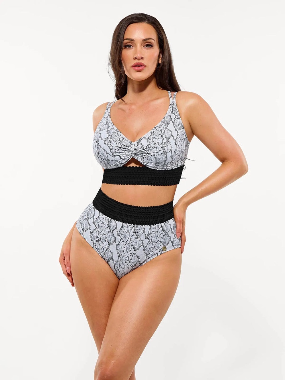 NWOT Popilush Boho Trim High Waist Tummy Control Bikini Set in Snake Print